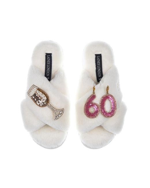 Laines London White Classic Laines Slippers With 60Th Birthday & Champagne Glass Brooches