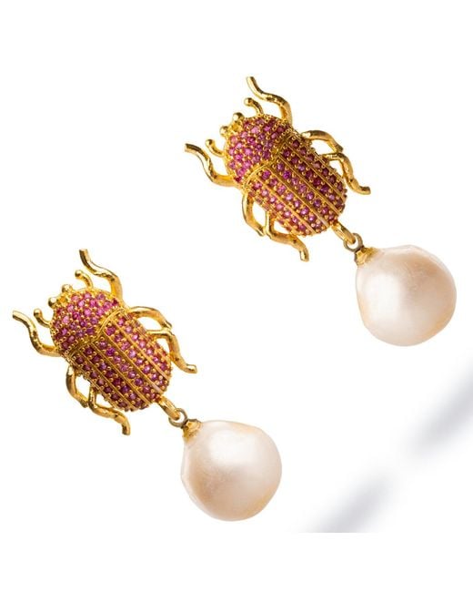 Ebru Jewelry Metallic Egyptian Scarab Ruby & Pearl Dangle Mystic Earrings