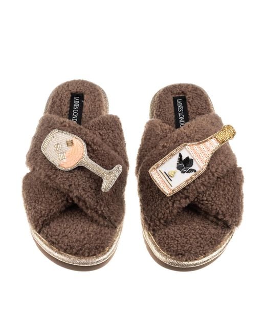 Laines London Brown Neutrals Laines Neutral Boucle Slippers With Angelic Rose Wine Brooches