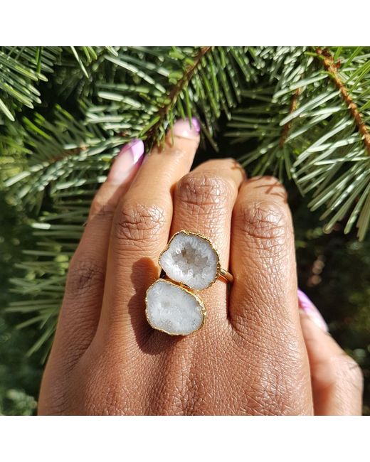 YAA YAA LONDON Blue White Grey Duo Crystal Adjustable Gold Ring