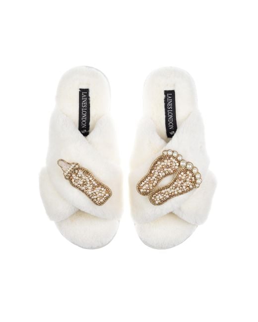 Laines London White Neutrals Classic Laines Slippers With New Baby Brooches