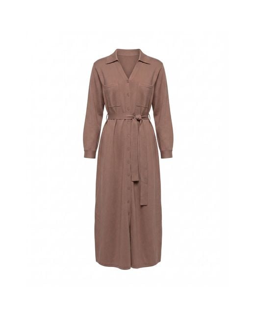 Tantra Spain Sl Brown Long Knit Shirt Dress With Chest Pockets And Belt