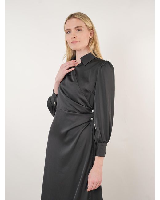 John Abgin Black Satin Pearl Detail Maxi Dress