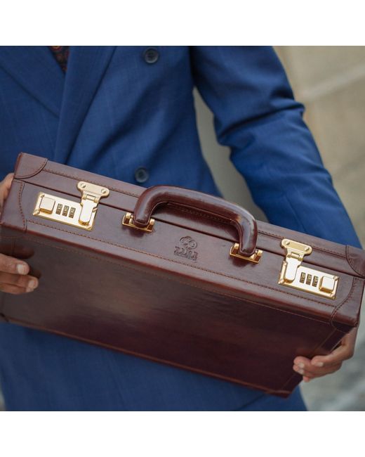 Time Resistance Brown Leather Large Attaché Case Briefcase for men