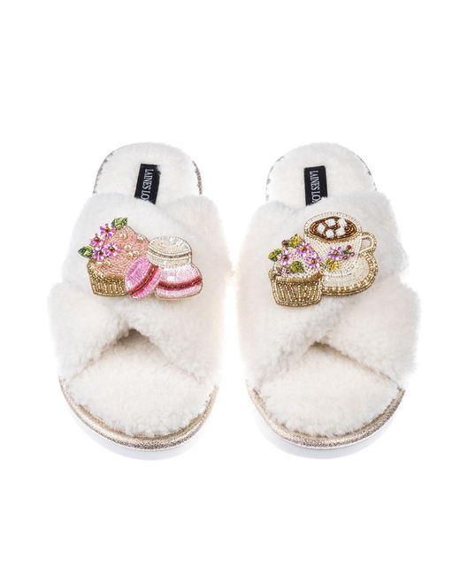 Laines London Metallic Neutrals Neutral Boucle Slippers With Macaroon Brooches