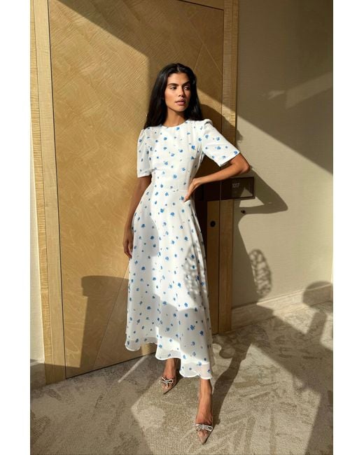 POST MERIDIEM White Printed Short Sleeve Floral Midi Dress