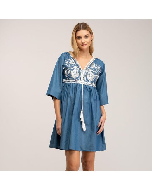 Tantra Spain Sl Blue Tunic Style Mini Dress With Embroidered Details