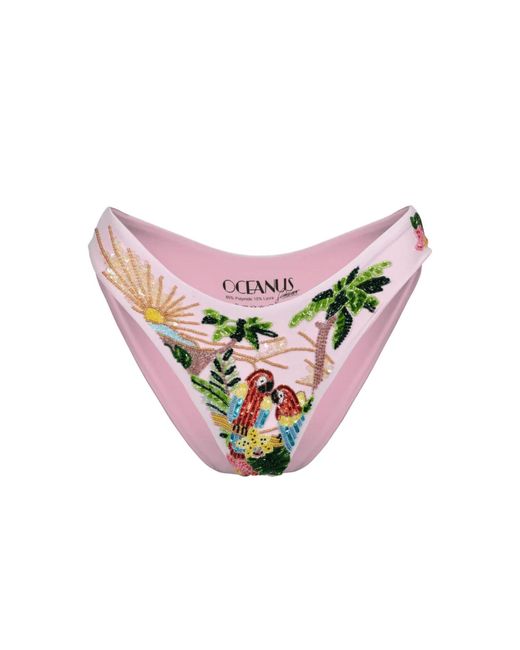Oceanus Pink Charli Embellished Premium Tropical Bikini Bottom
