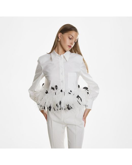 Lita Couture Gray Cropped Feather-Trim Shirt