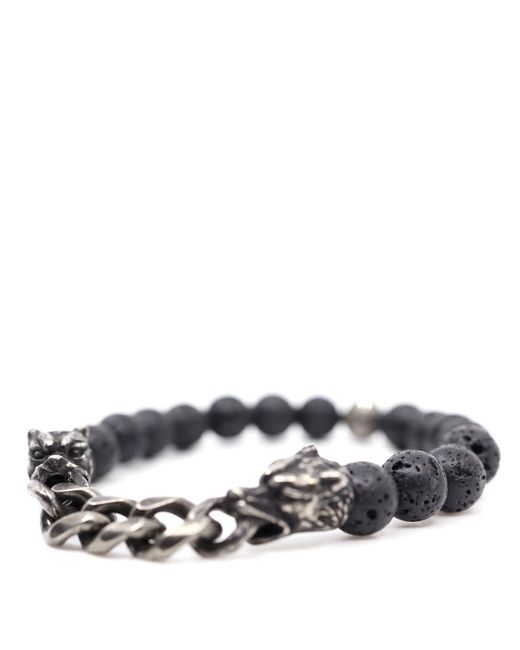 Shar Oke Black Stainless Steel Panther & Natural Lava Beaded Bracelet for men