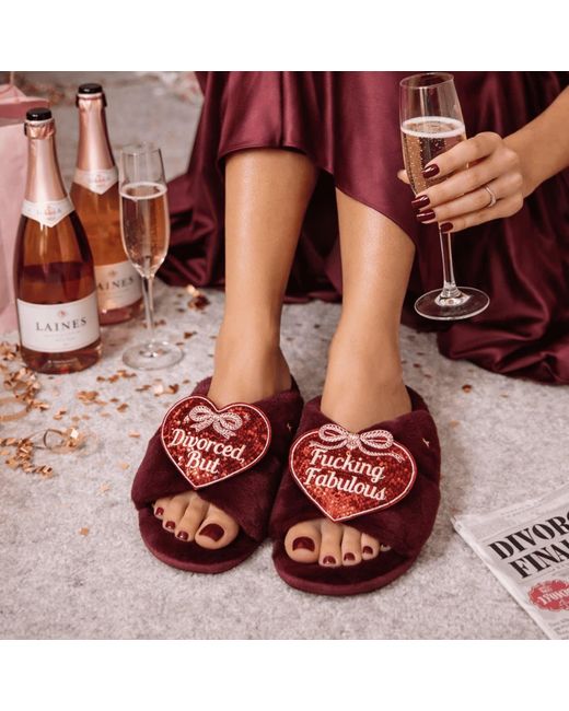 Laines London Red Classic Laines Slippers With Divorced But Fucking Fabulous Brooches
