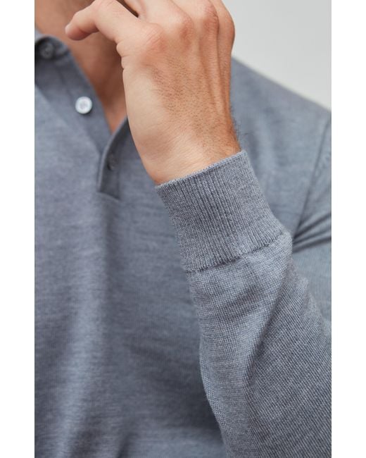 Paul James Knitwear Blue Extra Fine Merino Wool Turner Long Sleeve Polo Shirt for men