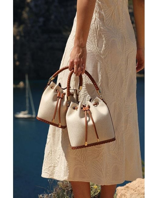 Saonara Brand Pink Bucket Bag Linen Caramel Leather