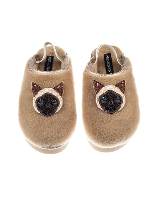 Laines London Metallic Neutrals Flatform Cloud Slippers With Double Siamese Cat Brooches