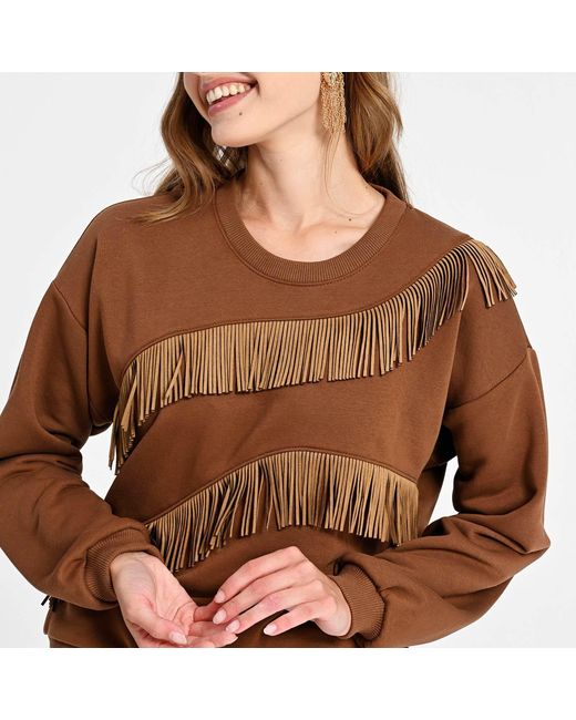 Lalipop Design Brown Sweatshirt With Fringe Details