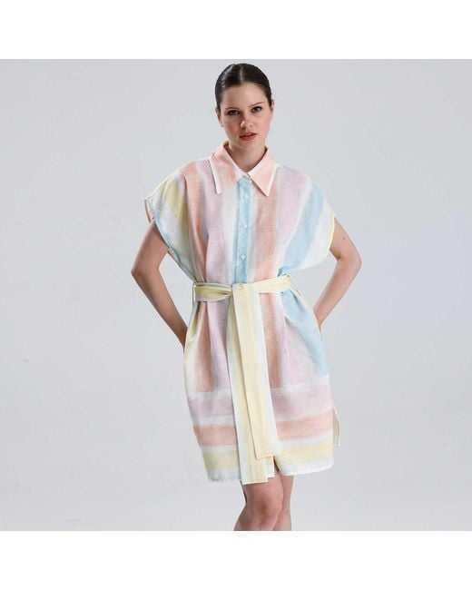 LOVEIST STORE Multicolor Almeria Linen Blend Belted Shirt Dress