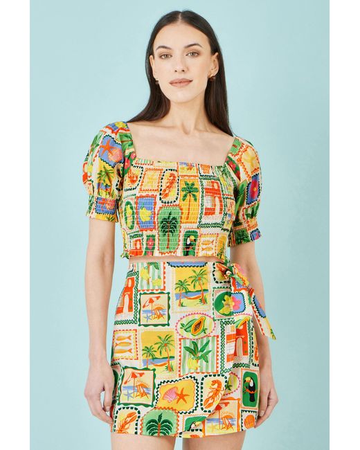 Yumi' Yellow Multicolour Cropped Shirred Cotton Postcard Print Top