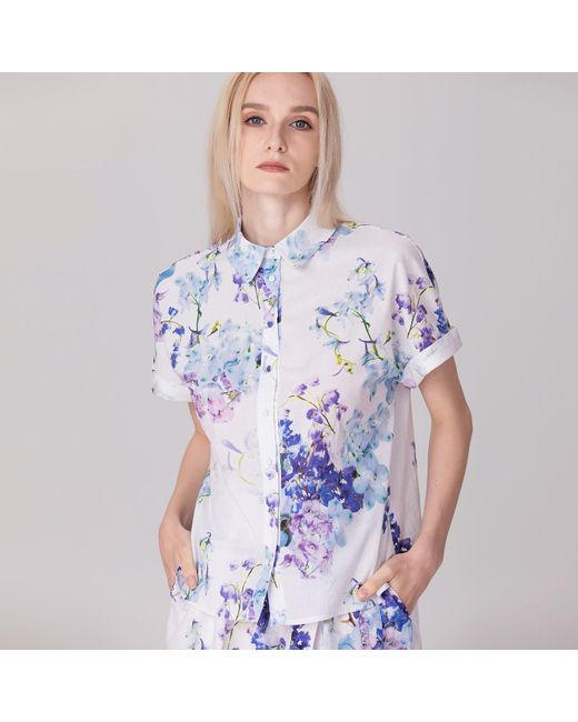 Smart and Joy Blue Macro Floral Print Short Sleeves Shirt