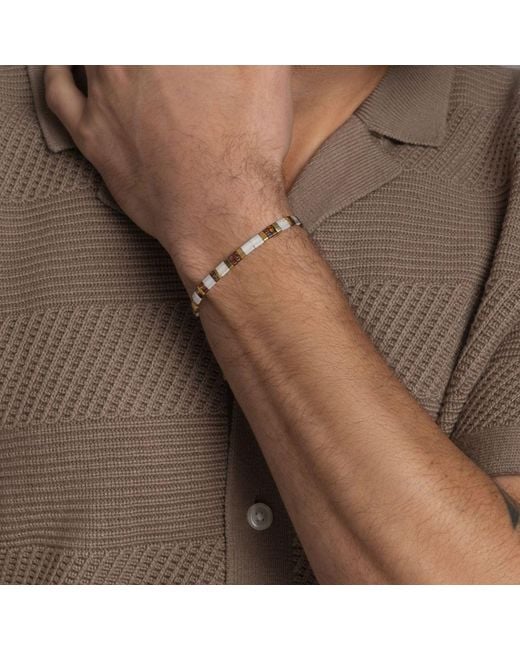 Nialaya Metallic Bracelet With White, Marbled Amber And Gold Miyuki Tila Beads for men