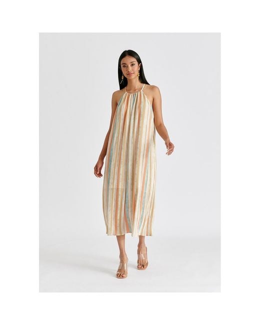 Paisie Natural Halter Neck Plisse Dress With Belt
