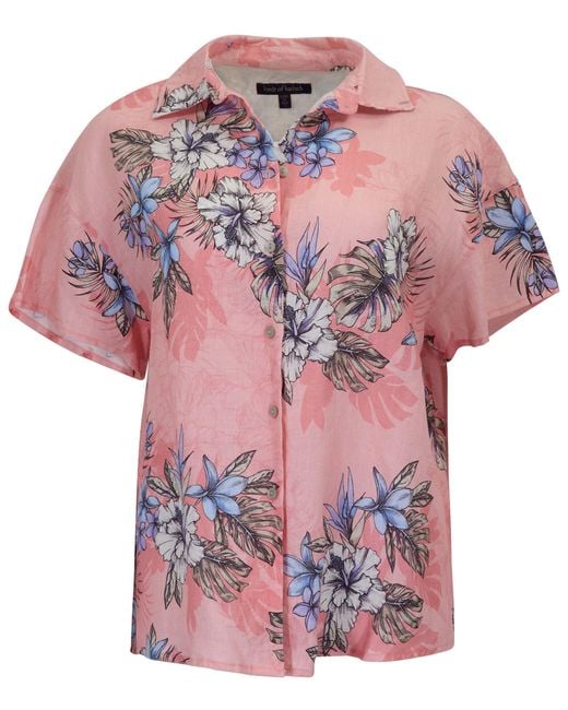 Lords of Harlech Pink Lara Exotic Floral Coral Linen Printed Shirt