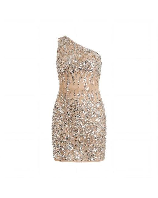 Mac Duggal Natural Neutrals One Shoulder Sheer Embellished Mini Dress