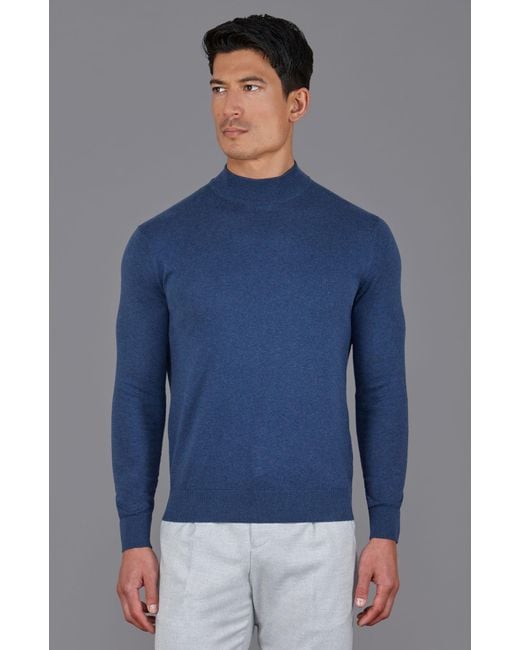 Paul James Knitwear Blue Ultra Fine Cotton Mock Turtle Neck Spencer Jumper for men