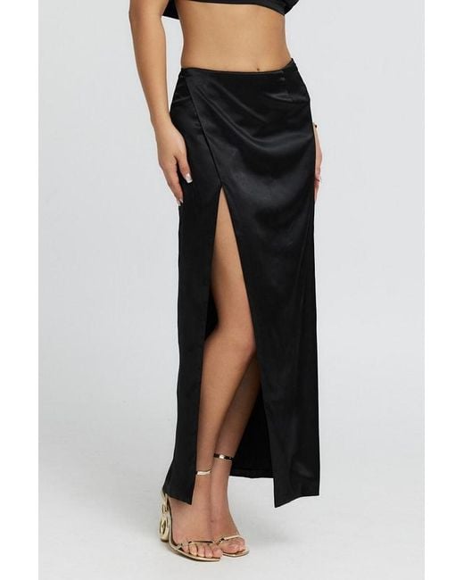Why Mary Black Cleo Satin Long Slit Skirt