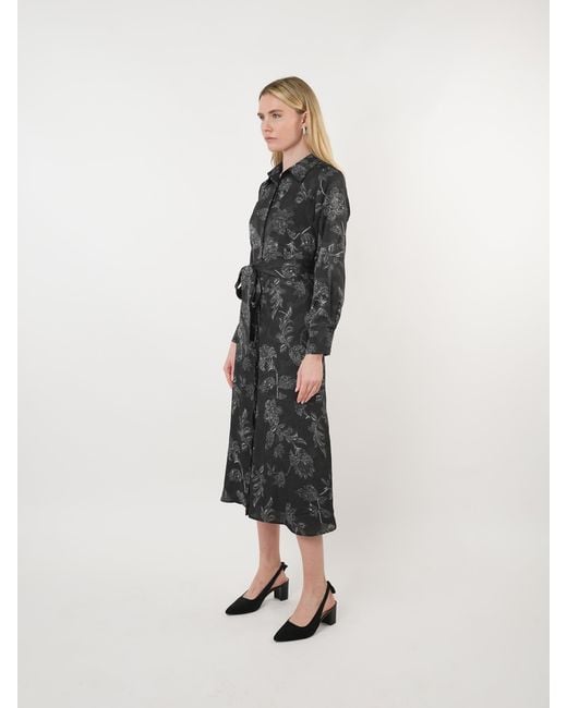 John Abgin Black Georgette Floral Textured Midi Shirt Dress