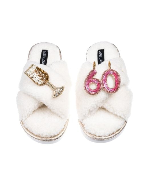 Laines London White Neutrals Laines Neutral Boucle Slippers With 60Th Birthday & Champers Brooches