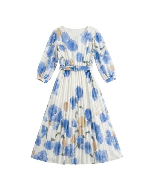 LAtelier London Blue Floral Pleated Midi Dress With Belt