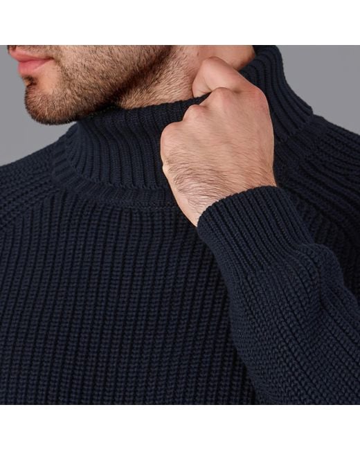 Paul James Knitwear Blue Cotton Jacob Fisherman Rib Knit Roll Neck Jumper for men