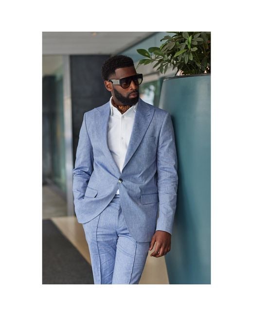 DAVID WEJ Blue Hugo Linen Single Breasted Suit for men