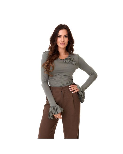 Mandragora Green Viscose Longsleeve With Ruffles And A Decorative Rose – Rosalie Khaki