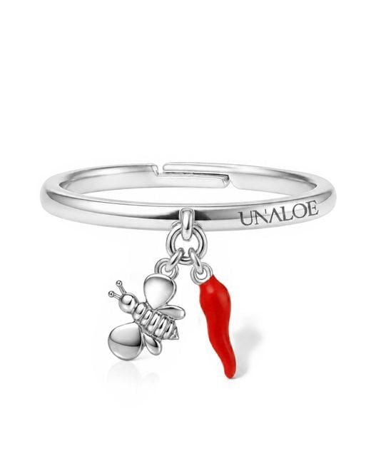 Unaloe White Adjustable Sterling Bee And Italian Horn Charm Ring