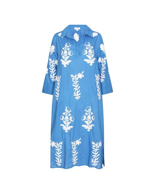 NoLoGo-chic Blue Long Tourist Dress With White Embroidery Cotton