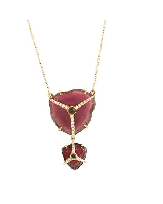 Artisan White Watermelon Tourmaline Slice & Diamond Pendant Necklace