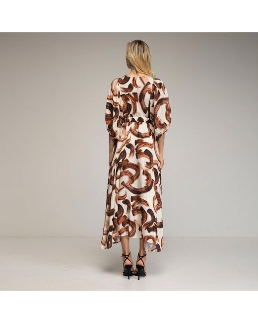 Tantra Spain Sl Brown Maxi Print Dress With Puffed Sleeves, Ruffled V-Neck