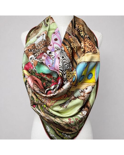 Wenzi Multicolor Neutrals The Forest Circus Hand Painted Mulberry Silk Square Scarf