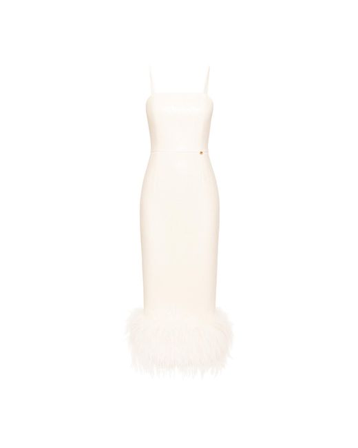 Nissa White Feather-Trimmed Sequined Midi Dress