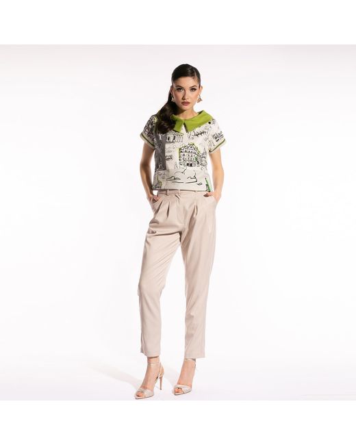Larisa Dragna Green Blouse With Detachable Collar And Architectural Print