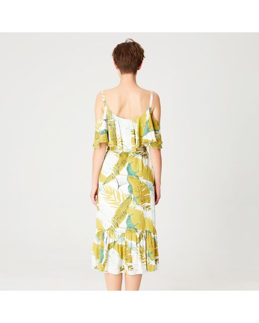 Smart and Joy Yellow Tropical Printed Trapeze Dress With Ruffles And Thin Straps