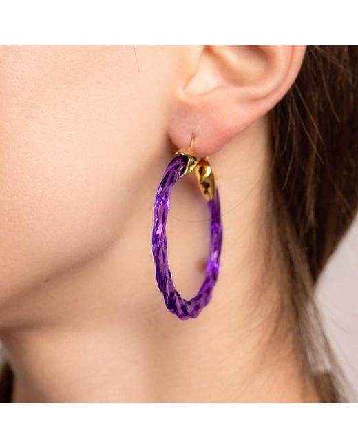 Gold & Honey Purple Amethyst Swirl Twist Lucite Birthstone Hoop Earrings