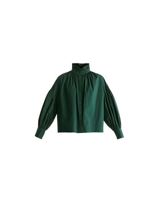 Paisie Green Puff Sleeve Shirt With Ruffled Collar