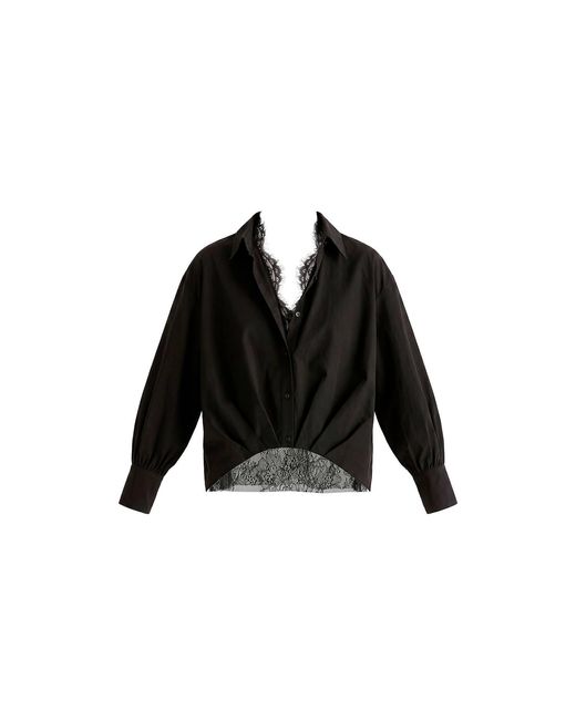 Paisie Black Two-Piece Pleated Waist Shirt Set With Lace Cami Underlay