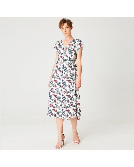 Smart and Joy White Wrap Leaves Print Dress