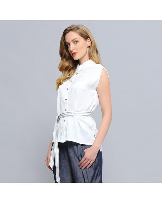 Smart and Joy White Sleeveless Trimming Shirt