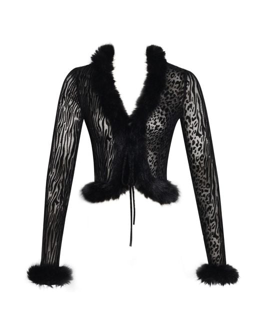 Miss Circle New York Black Hali Animal Print Burnout Velvet Fur Trim Top