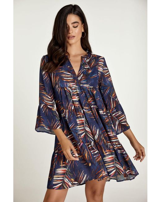 Conquista Blue Leaf Print A Line Dress With Bell Sleeves
