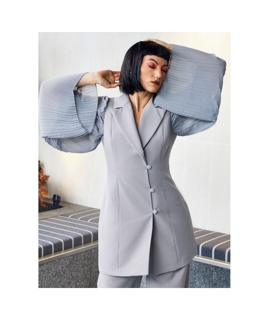 NALÈ Gray Pleated Sleeves Blazer With Detachable Belt & Palazzo Wide Leg Trouser